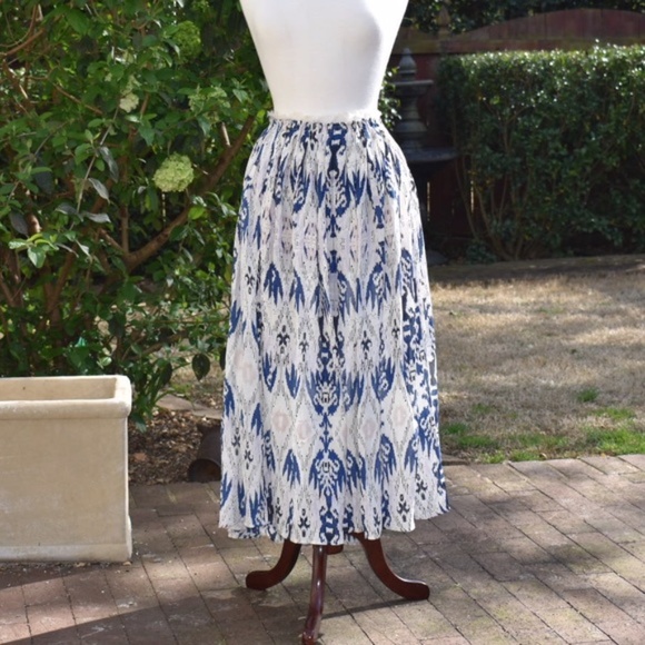 New Ulla Johnson Blue Silk Chiffon Batik Print Midi Maxi Skirt